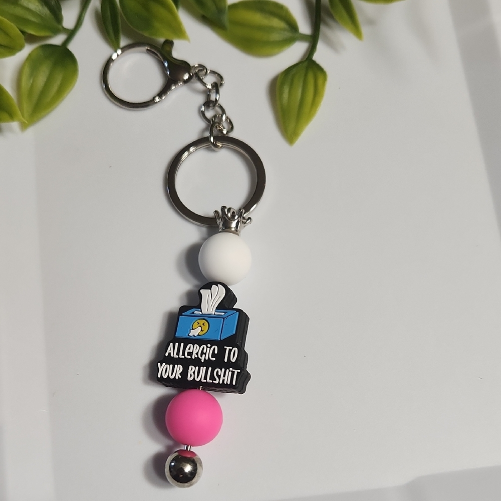 Allergic to Your Bullshit Keychain with Pink and White Beads